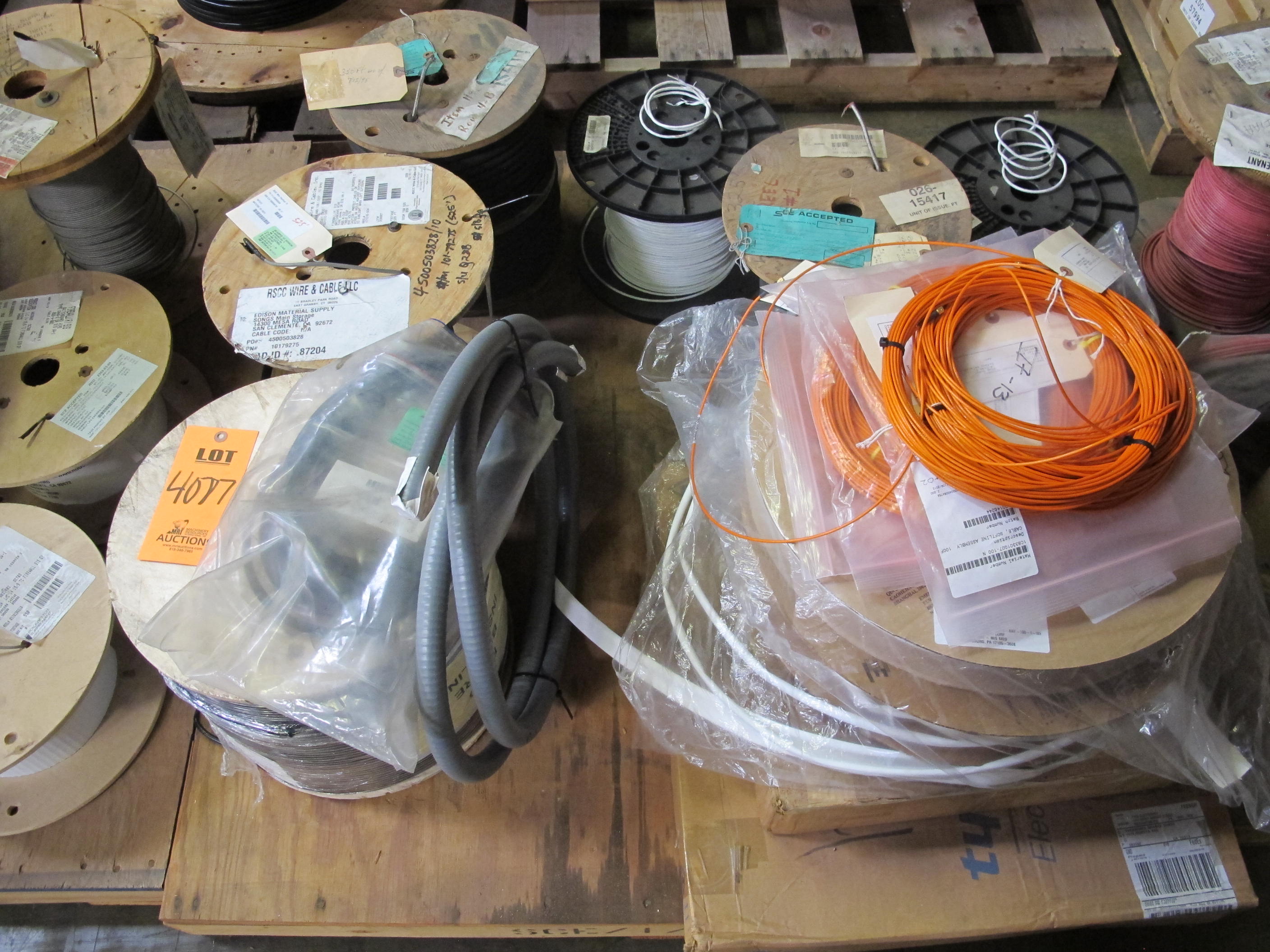 (5 PALLETS) MISC. ELECTRICAL WIRE, AND CABLE! (20+) INDIVIDUAL SPOOLS TO INCLUDE BUT NOT LIMITED TO: (1 SPOOL) CABLE, ELECTRICAL TYPE, 16 AWG SIZE, 600V RATING, COPPER MATERIAL, 3 CONDUCTOR, INSTRUMENTATION KIND. SHIELDED, CROSS-LINKED POLYETHYLENE INSULATED, RED, HYPALON (CSPE) JACKET, FIREWALL III, CABLE CODE J36, (6 SPOOLS) WIRE, ELECTRICAL TYPE, 14 AWG SIZE, 600V 90DEG C OPE RATING, RED COLOR, TEMP RATING, TINNED COPPER MATERIAL, SWITCHBOARD, SIS KIND. INSULATED, WITH HEAT, MOISTURE AND FLAME RESISTANT CROSS LINKED SYNTHETIC POLYMER CONSTRUCTION, ETC.. LOADING & HANDLING FEE $30-4077